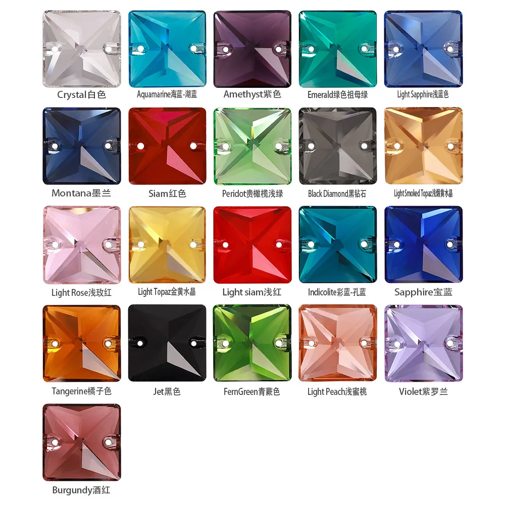 Kwadratowe wysokiej jakości szklane kamienie szlachetne Flatback Sew On Rhinestone 12 14 16 22MM Glitter Crystal AB do szycia tkanin ubrań sukienka