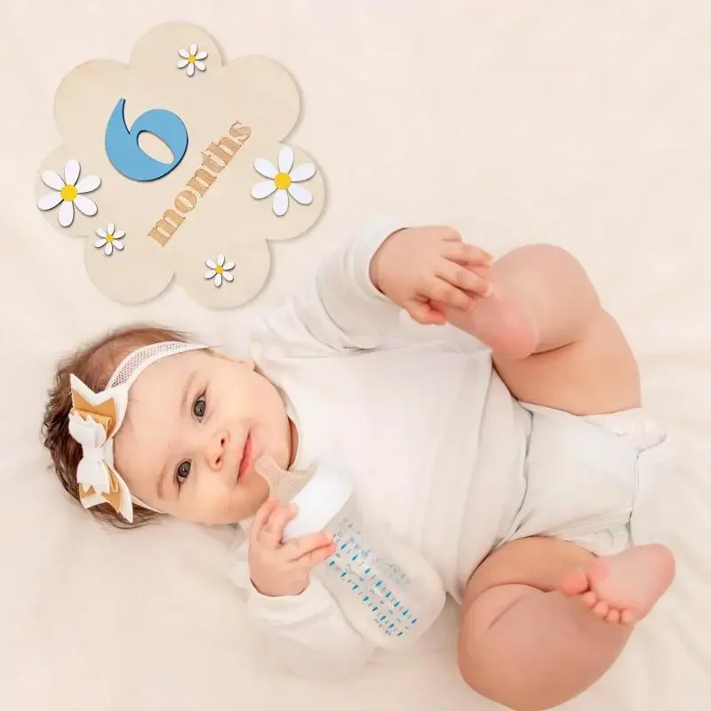 بطاقات معلم شهرية للأطفال الخشبية، زهور مزدوجة الجوانب، رقم الشهر للفتيات والأولاد، ملحقات دعائم التصوير الفوتوغرافي لحديثي الولادة #3