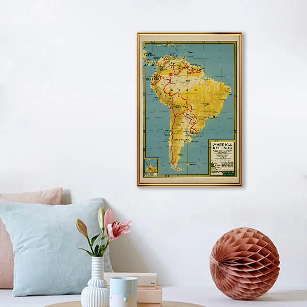 42*59cm The Vintage South America Map In Spanish Wall Art Poster Spray Canvas Painting School Supplies Living Room Home Decor