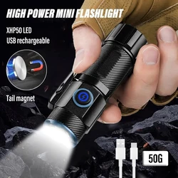 MINI Aluminum USB Rechargeable LED Flashlight With XHP50 Lamp Beads Portable Waterproof Torch Hat Clip Lights 5 Lighting Modes