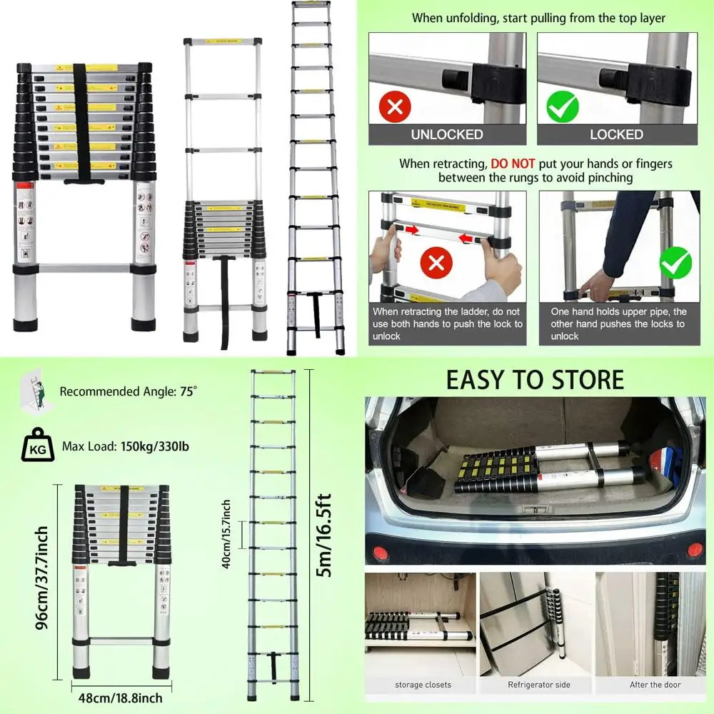 

Lightweight Portable Collapsible Aluminum Ladder - 16.5FT/5M, EN131 Certified, 330lbs Capacity, Ideal for Home and Outdoor Use