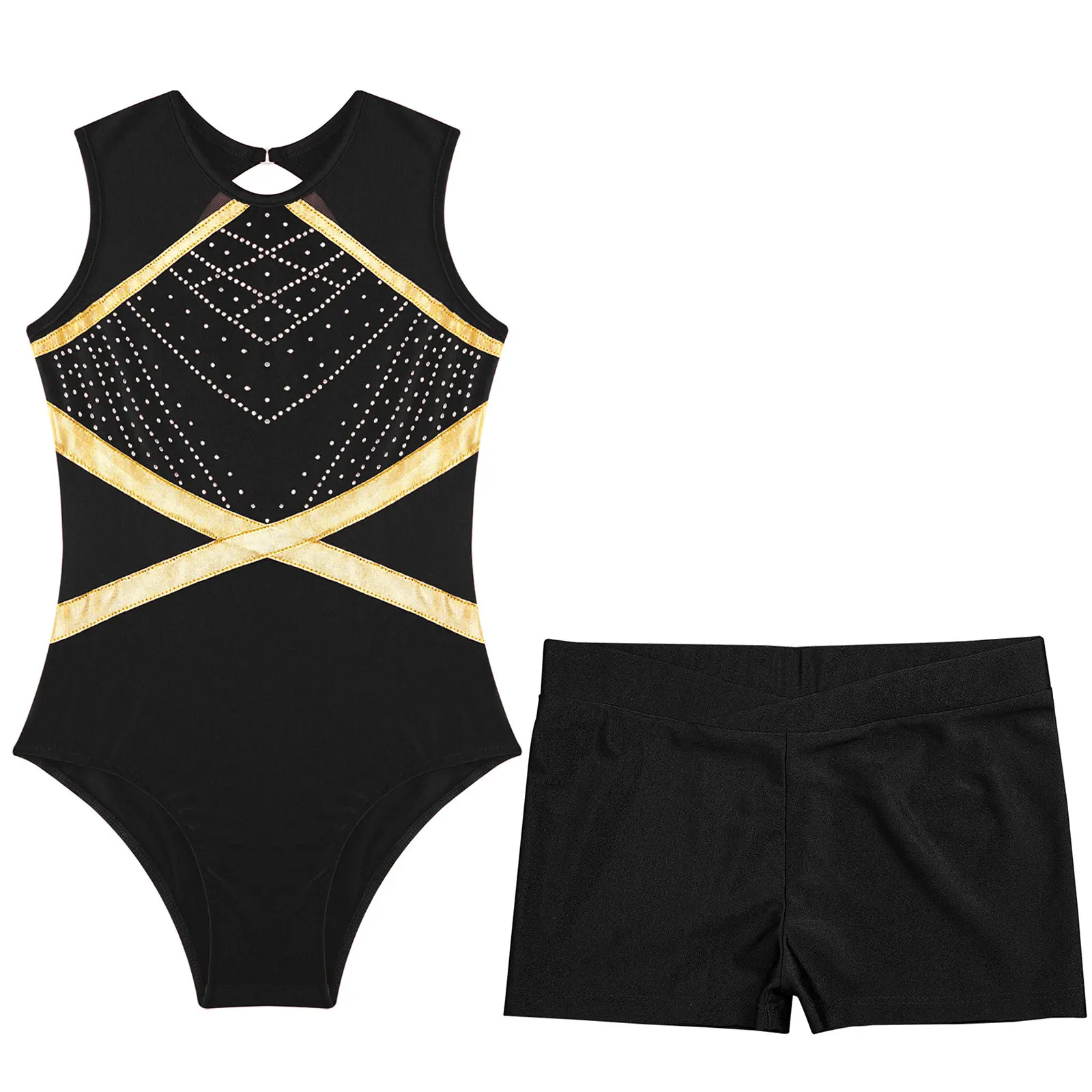Kinder Mädchen Ballett Tanz Trikot Gymnastik Eiskunstlauf Akrobatik Yoga Sport Set Ärmelloser Strass Body mit Shorts