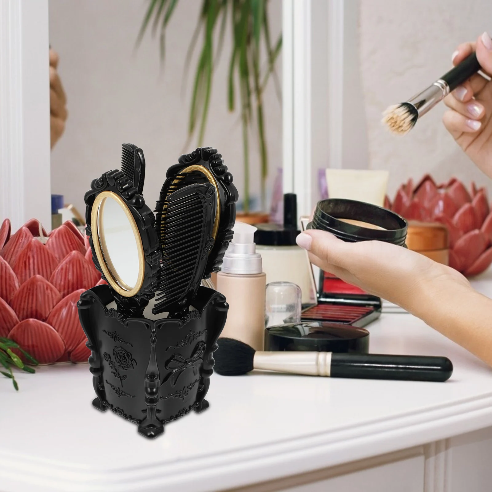 

5 Pcs Detangle Brush Dressing Mirror Suit Vintage Comb Styling Black Plastic Travel