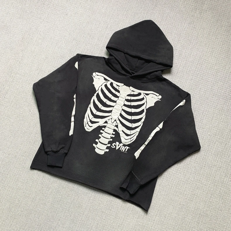 

2025ss Skeleton Printing Saint Michael Washed Black Hoodies Hip Hop Oversized Pure Cotton Sweatshirt