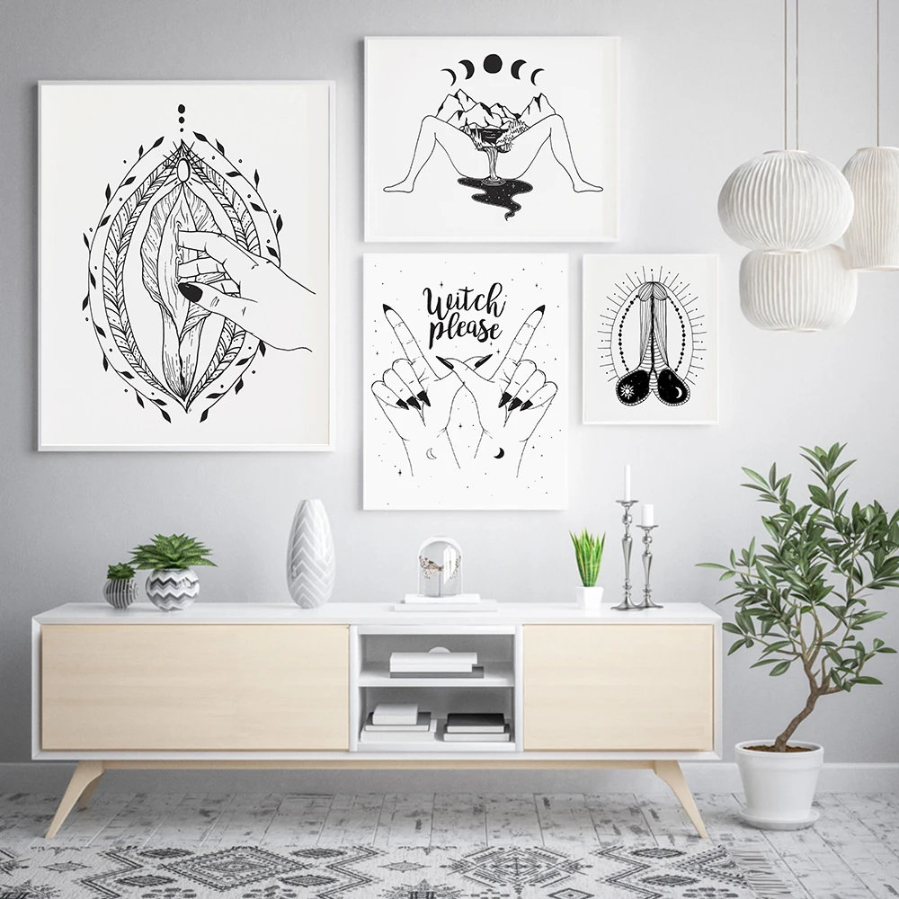 Black White Magic Art Poster Print Feminist Vagina Divine Canvas Painting Flower Abstract Man Genitals Research Room Home Decor