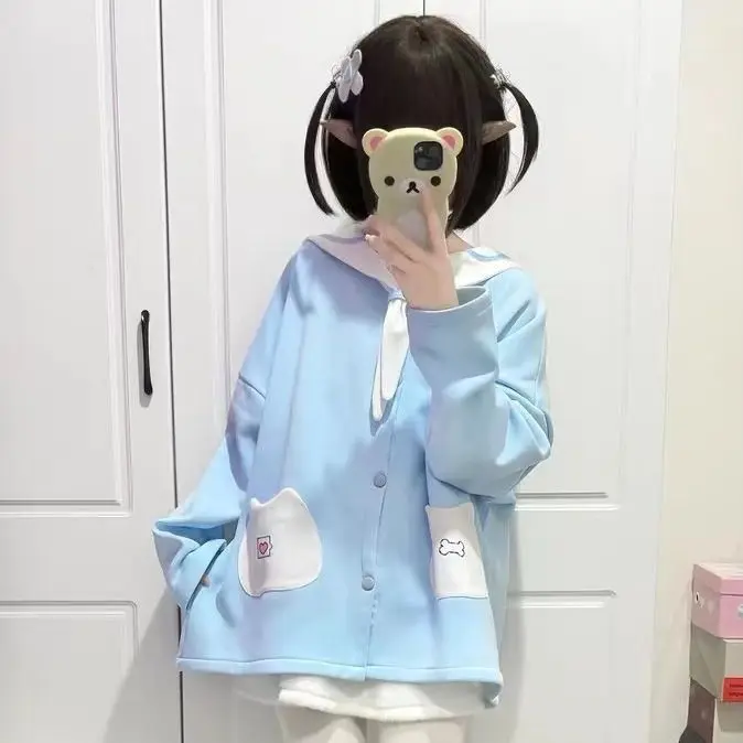 Sweat-shirt Long avec oreilles d'ours, mignon, Jaet, col bleu marine fin, vêtements d'extérieur pour femmes, décontracté, pour étudiantes, nouvelle collection printemps été