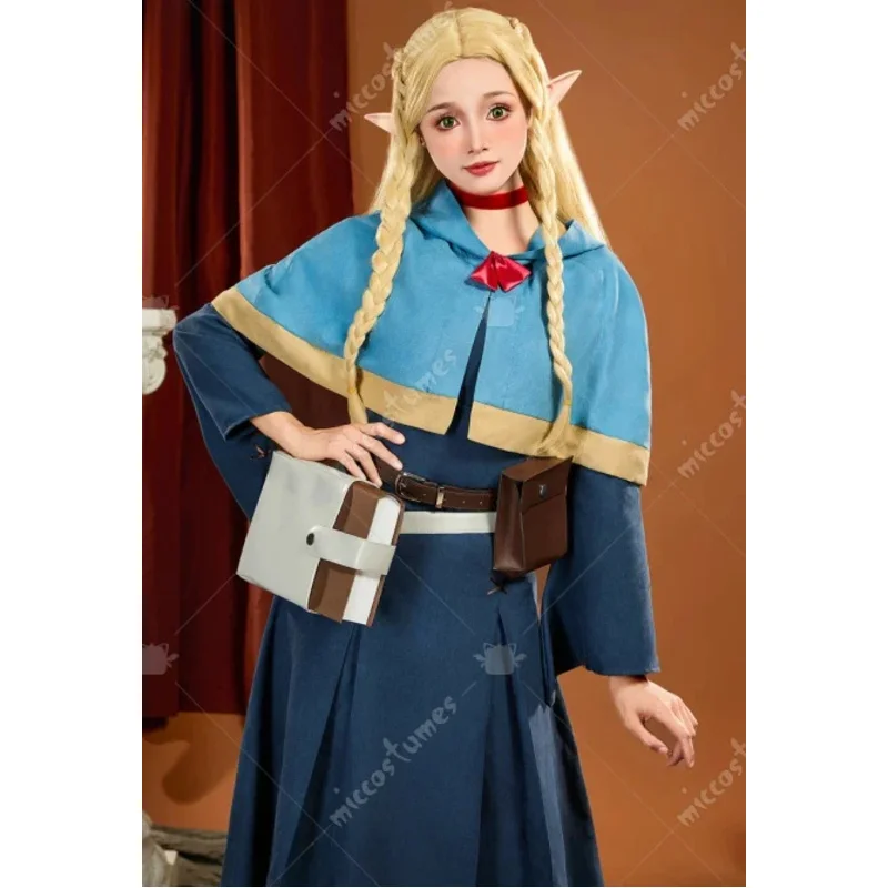 

CyMiccostumes женский костюм для косплея Marcille Donato, синее платье, шаль с брюками и сумками, премиум-версия