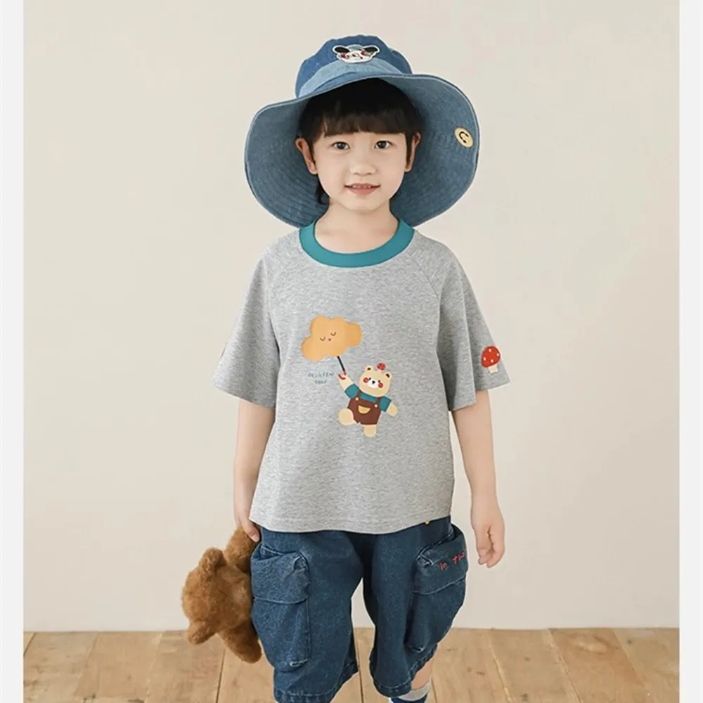 

kids boys tops summer tees Cartoon print pattern short sleeved T-shirt Boys' gray round neck T-shirt