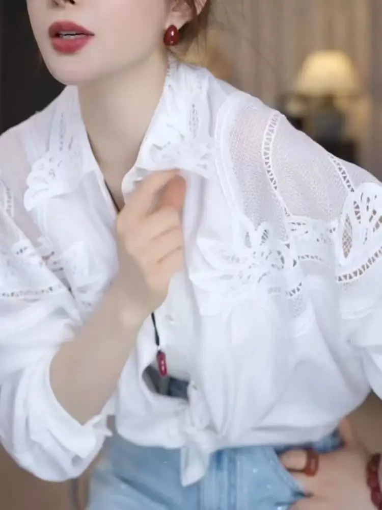 

Sequins Embroidery Hollow Out Pure Cotton Shirts & Blouses for Women's White Shirt Korean Popular Clothes 2025 Autumn Trend Tops