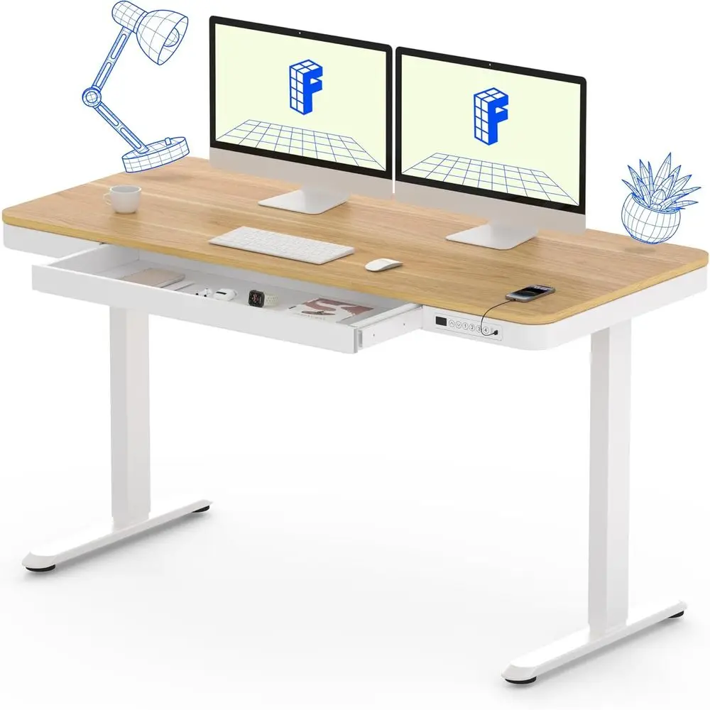 

55 Maple Top Electric Standing Desk, Quick Assembly with Storage, USB Charging for Home Office Use