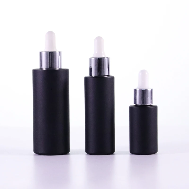 Hot Sale 30/50/80/100ml Frosted Black Flat Shoulder Glass Pipette Dropper Bottle with Aluminum Sliver Caps Essential Oil Perfume