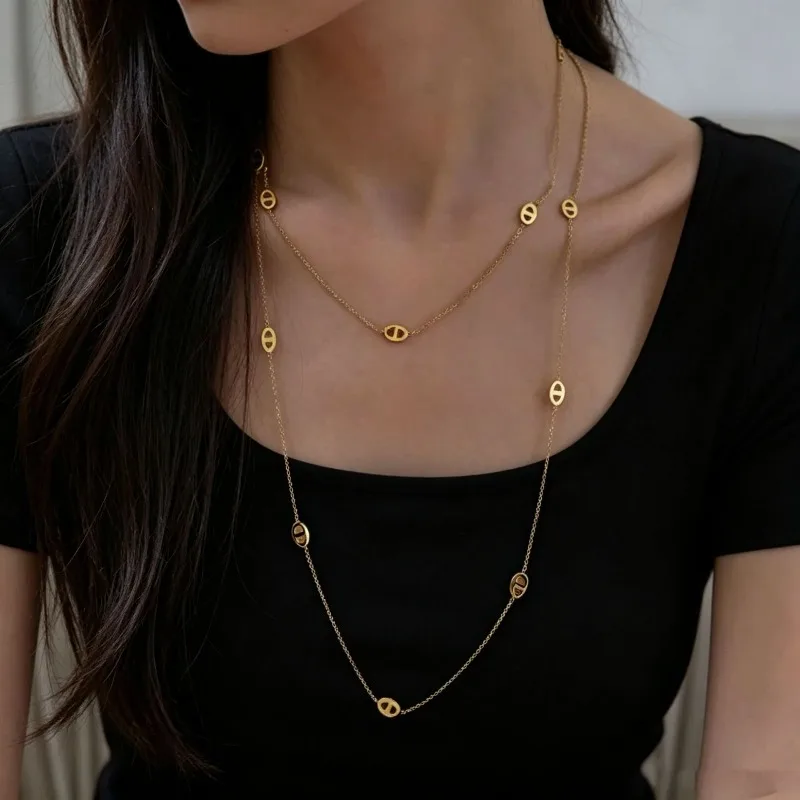 Double‑Layer Extra‑Long Titanium Steel Necklace for Women Minimalist High‑End Multi‑Stack Sweater Chain Color‑Retaining