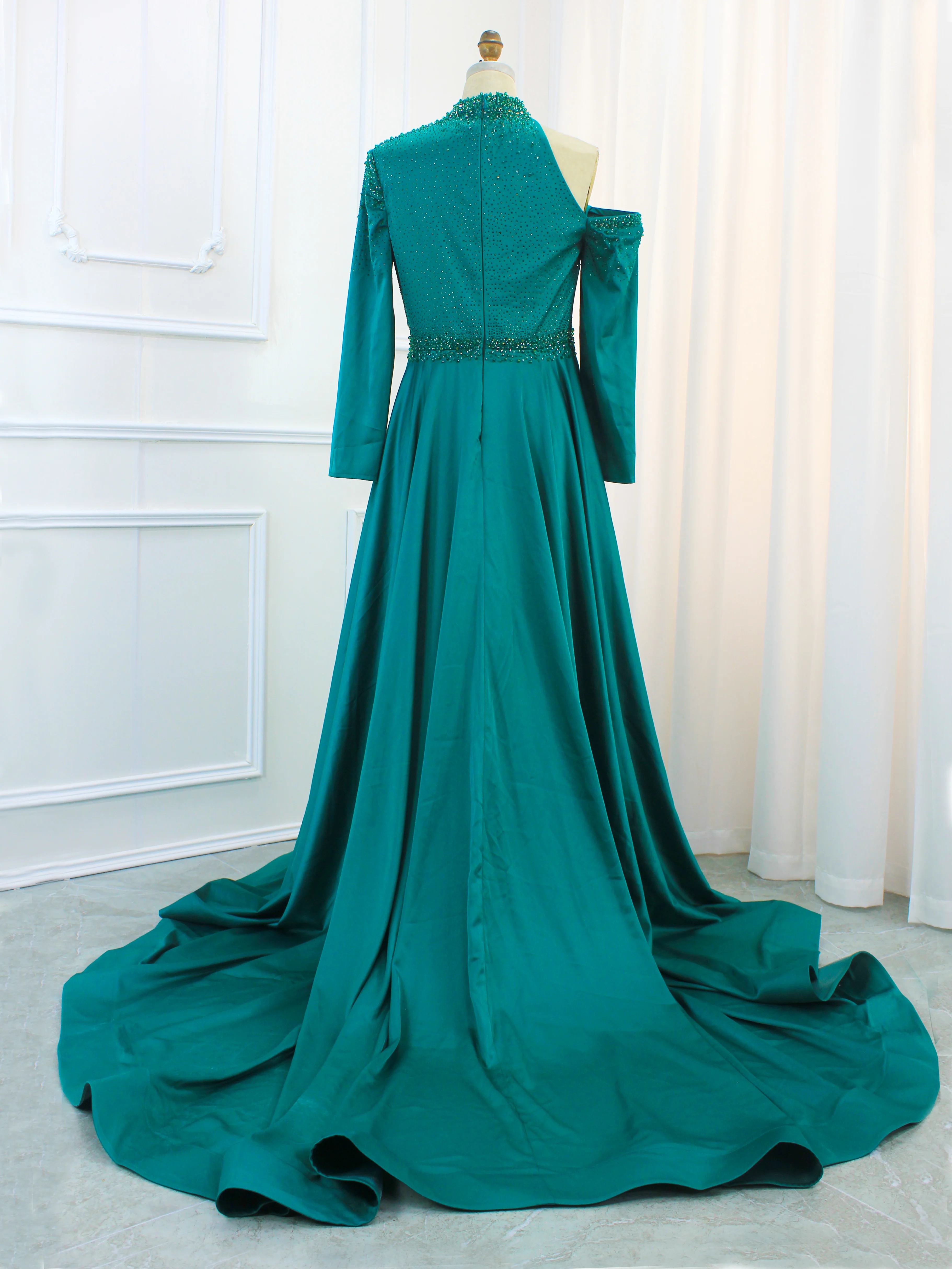 Hot Sale Green High-Neck Evening Dresses Luxury One Shoulder Beaded Long Train Formal Gowns 2024 For Women Party With Best Price