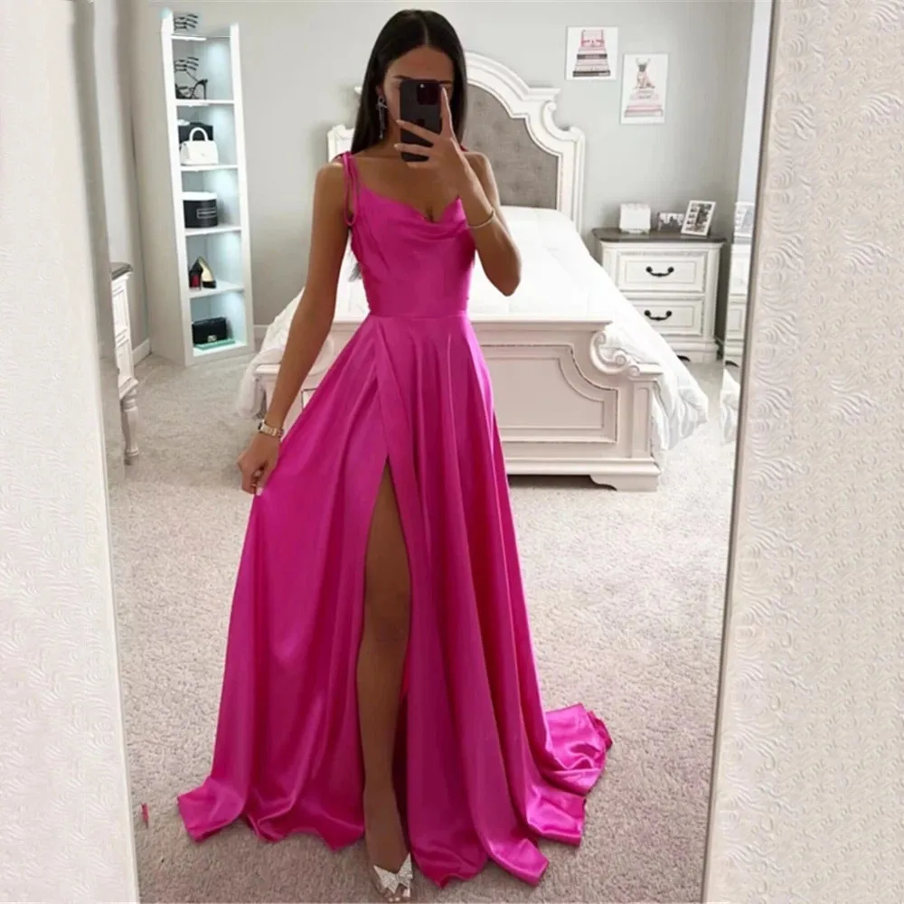 

Classic Fuchsia Satin Prom Dresses Spaghetti Straps Split Girls Senior Graduation Party Gowns 2023 Formal Evening Robe Vestido