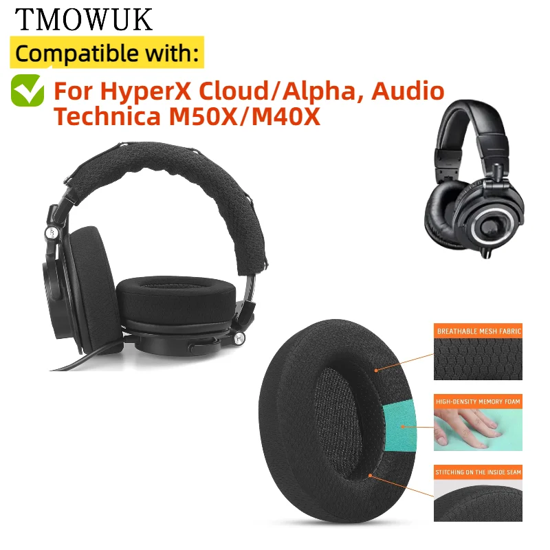 

Leather Sleeve Cooling Gel Replacement Earpad for HyperX Cloud/Alpha, Audio Technica M50X/M40X Headphone TMOWUK