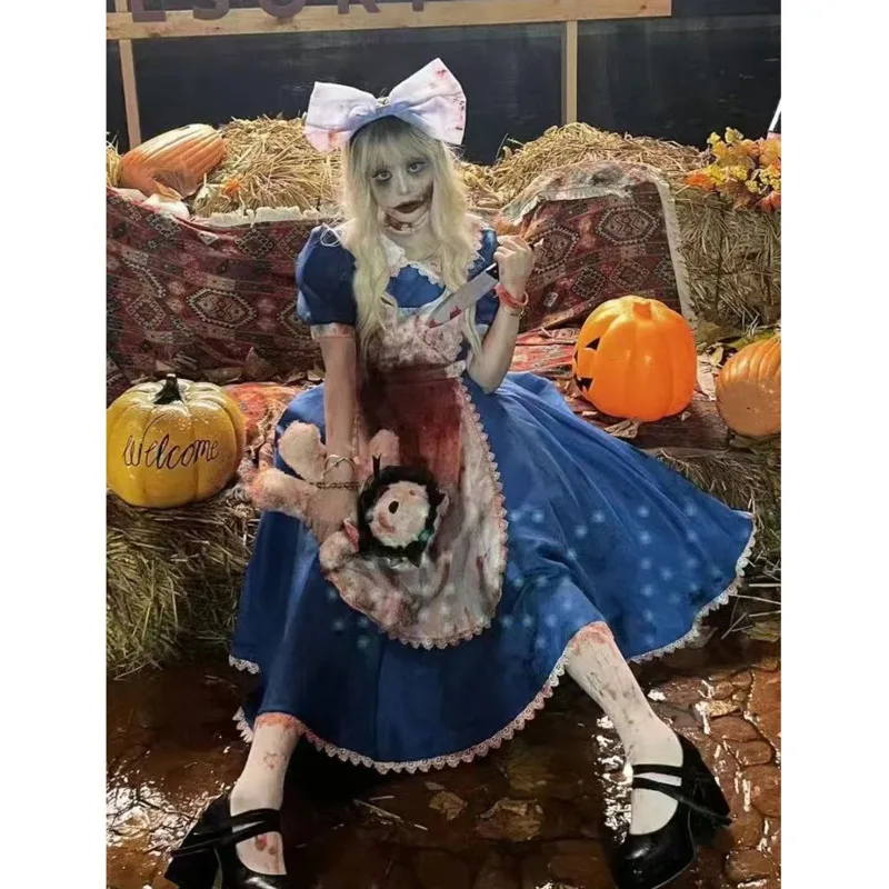 

Original Dress Set Halloween Lolita Goth Blood Horror Cosplay OP Dress Female Girls Embroidery Apron Short Sleeve Op Dress
