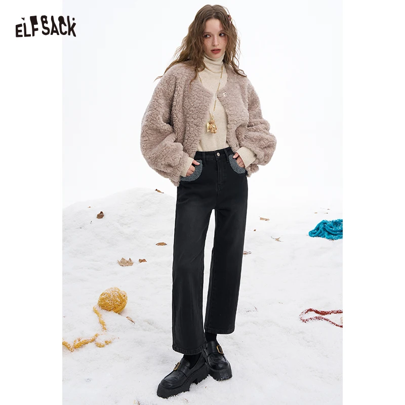 

ELFSACK 2025, новые зимние поступления Y2K, классические минималистичные однотонные серебряные пуговицы, плюшевые зауженные джинсы до щиколотки с карманами для женщин