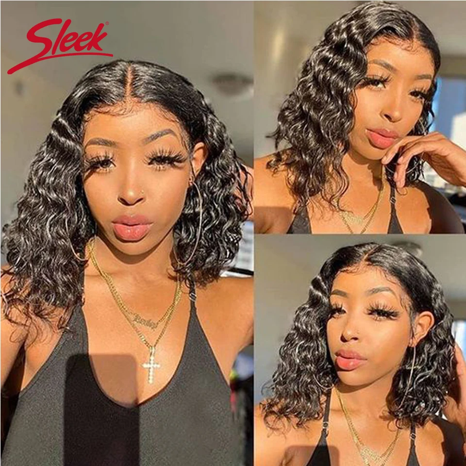 Sleek Brazilian Water Remy Deep Curly Hair Bob Wigs Natural Black Color T Lace Front Part Bob Wigs 200% Density Ombre T1B/27 Wig image 6