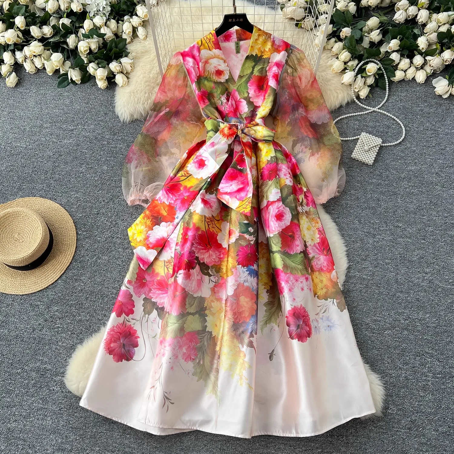 

Gorgeous Flower Print Bandage Lace Up Wrap Dress Women Cross V Neck Lantern Sleeve Mesh Patchwork Thick Satin Long Party Vestido