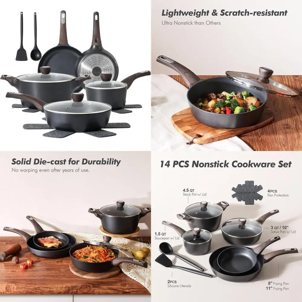 

14-Piece Non-Stick, Healthy Induction Cookware Set with Frying Pans & Saucepan, PFOA, PFOS, and APEO Free, Black