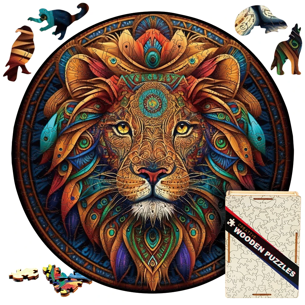 

Wooden Puzzle Mandala Lion Surprise Toys 3D Wood Jigsaw Puzzles Creative Games Round Shaped Animals Lion Secret Puzzle Boxes