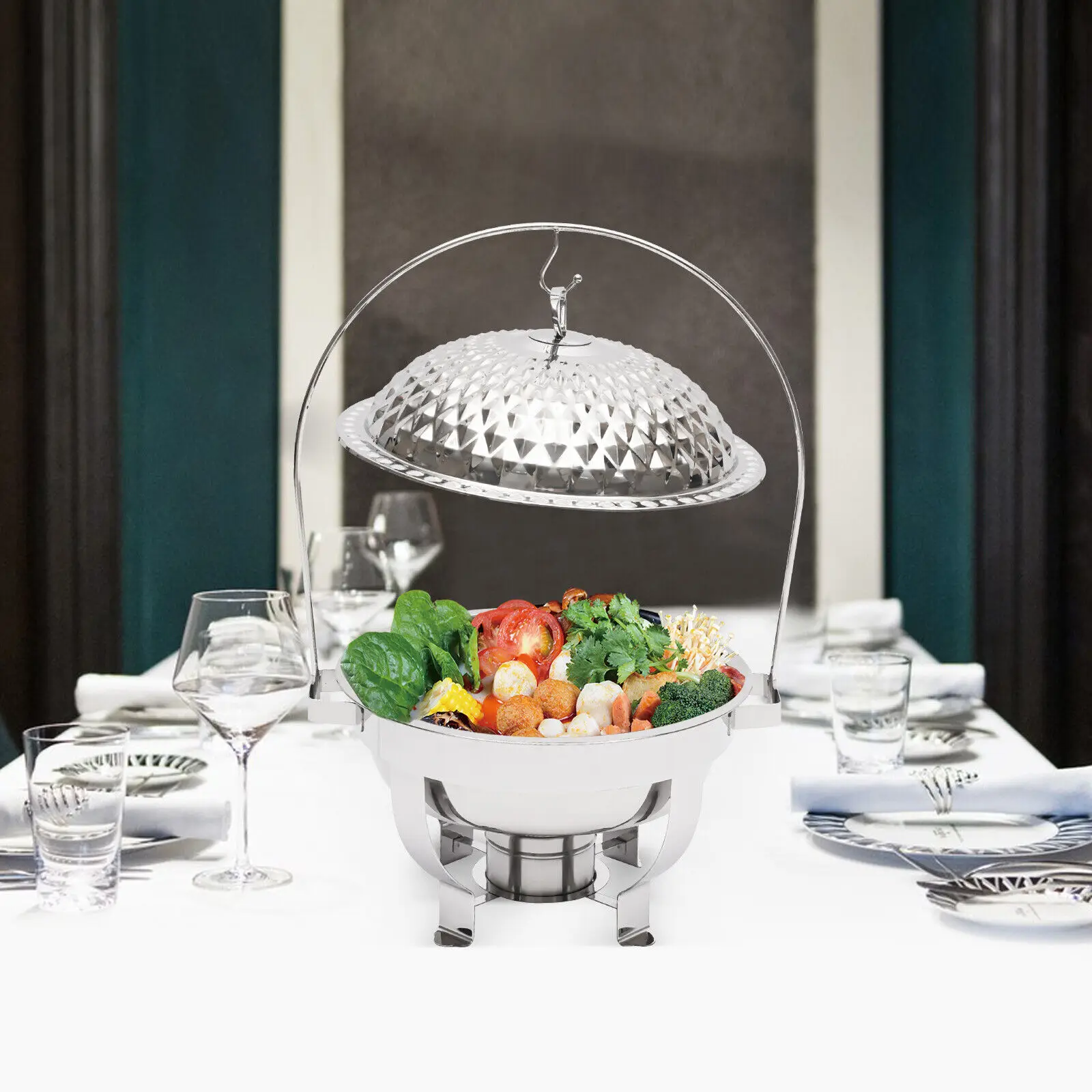 

4.5L/4.76Qt Round Chafing Dish Restaurant Stainless Steel Warming Tray With A Hanging Lid