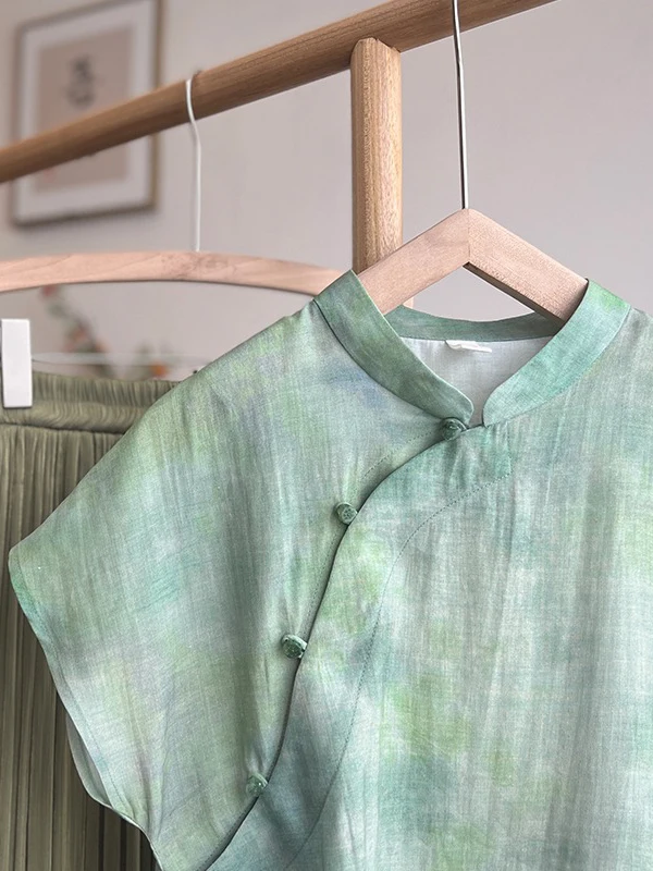 Retro Dyed Print Cotton Linen irt Women Summer New Chinese Sle Zen Tea Service Fly Sve Linen Small Top Upper Apparel