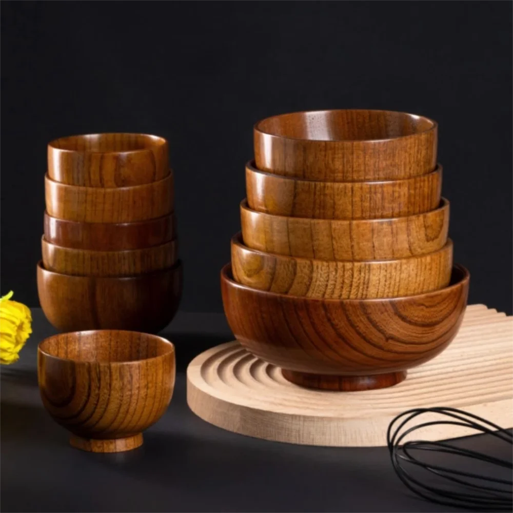 New Japanese Style Wooden Bowls Handmade Crafts Soup Bowls Food Containers Household Salad Bowls Kitchen Supplies