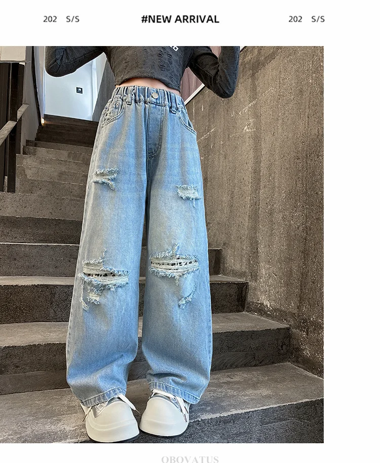 Zerrissene Jeans für Mädchen, Frühlingsmode, Löcher, Kinder, Ripped Pants, elastische Taille, Kinderkleidung für Teenager, koreanische Jeanshosen – Detail 3