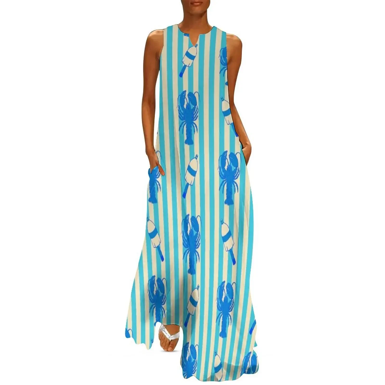 

Blue Lobsters and Buoys on Turquoise Awning Stripe Long Dress Dress women Dress