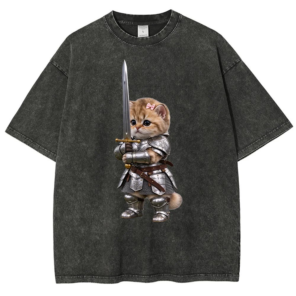 Cute Knight Cat Armor Sword Graphic Print T Shirt Summer Casual Short Sleeve Top Unisex Streetwear Fashion Tee Clothing