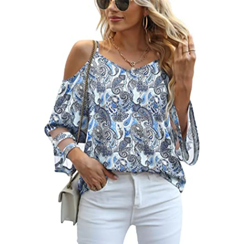 Women Sexy Off Shoulder Mesh Patchwork Blouses Summer Trendy V Neck 3/4 Sleeve Loose Shirts Vintage Paisley Print Blusas Mujer