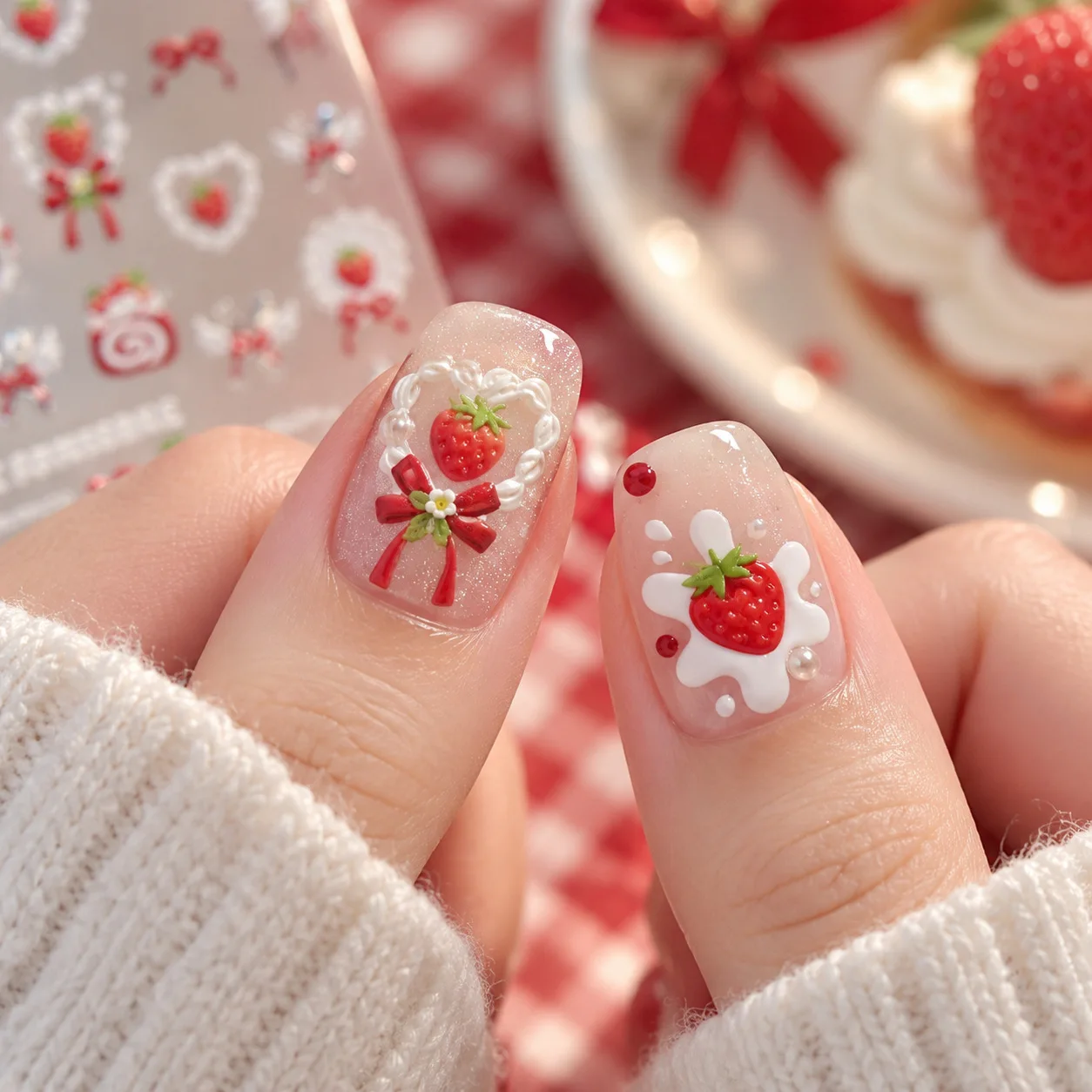 Sweet Lolita Dessert 5D Nail Decals Strawberry Cake Cream Lace Bow Knife Fork Lace Self Adhesive Nail Art Stickers Manicure DIY