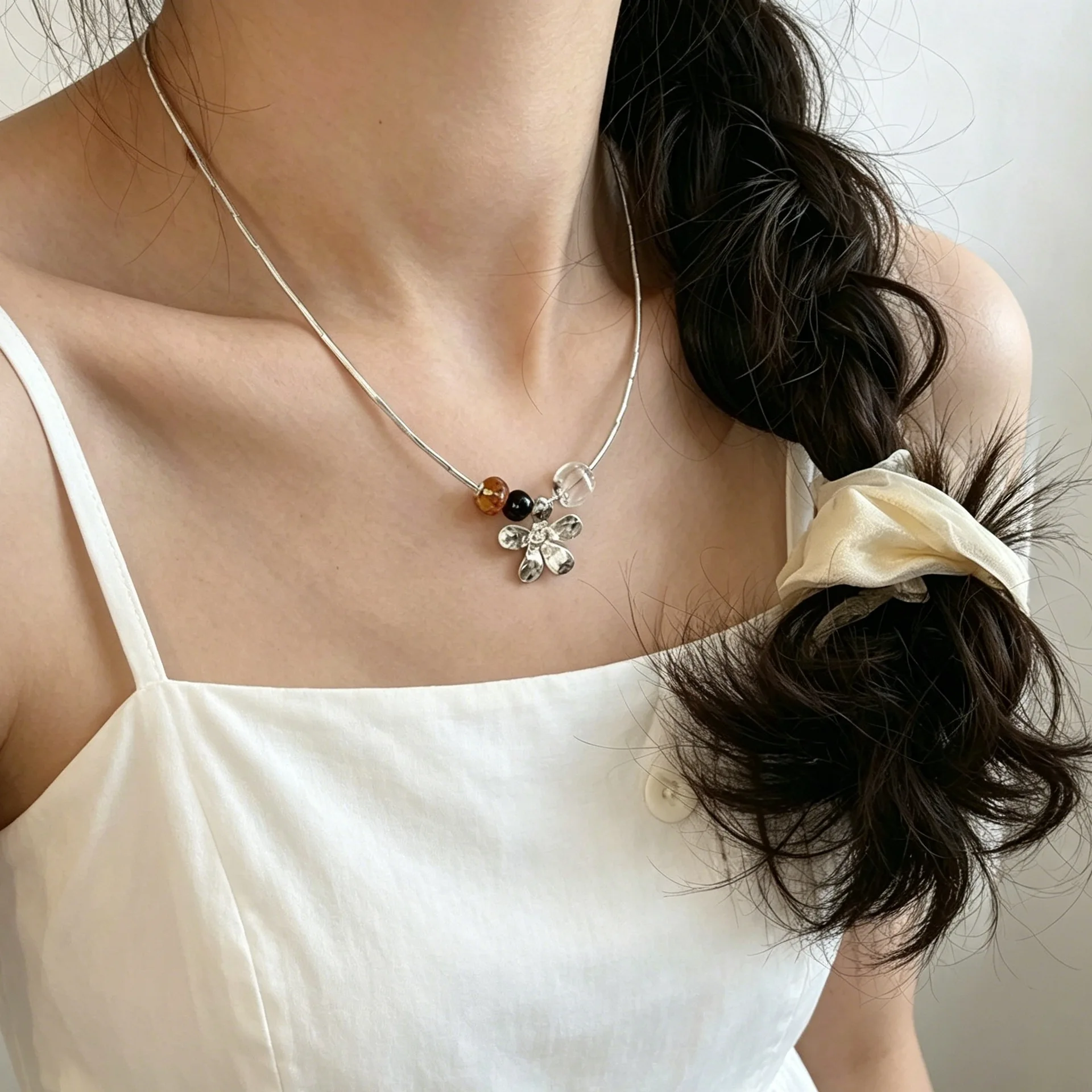 Layered Collarbone Necklace Citrine Flower Silver Tube Crystal Splicing Vintage Chinese Design for Women