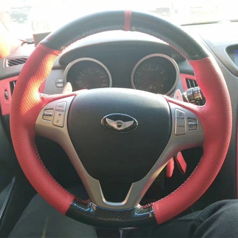 For Hyundai Genesis Coupe 2010-2016 Rohens Coupe 2009 Hand Stitched Black Yellow Genuine Leather Car Steering Wheel Cover