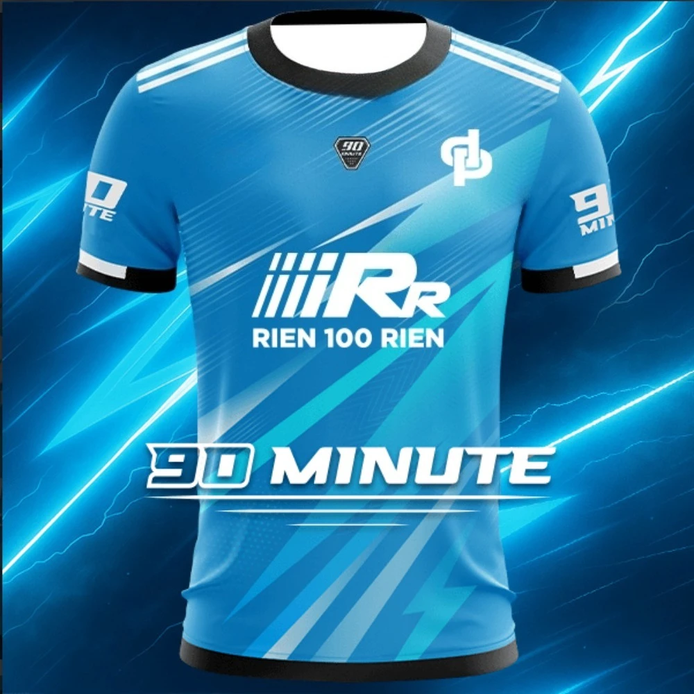

90 minute football jersey -3D printed white; Blue lightning design "July Rien 100 Rien" graphic alien sports shirt