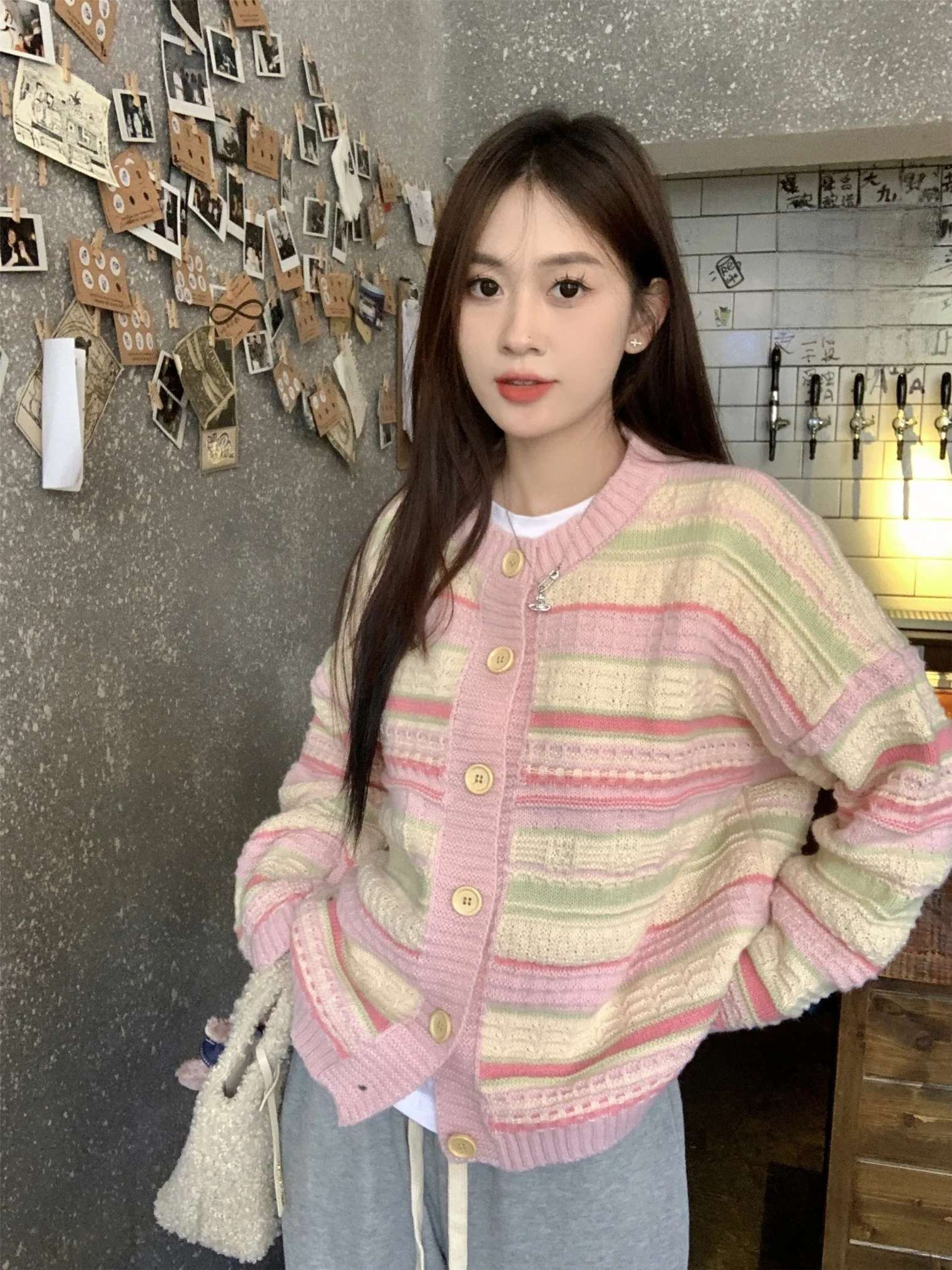 Korean Sle Striped Knitted Sweater Coat Women's Loose Slimming Lazy Sweet Top Autumn New Arrival Single Button Long Sve ...