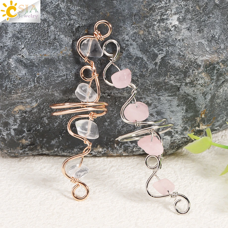CSJA 7 Chakra Crystal Ring Natural Stone Wire Wrapped Chip Beads Pink Quartz Finger Rings Jewelry for Men Women Jewelry H331