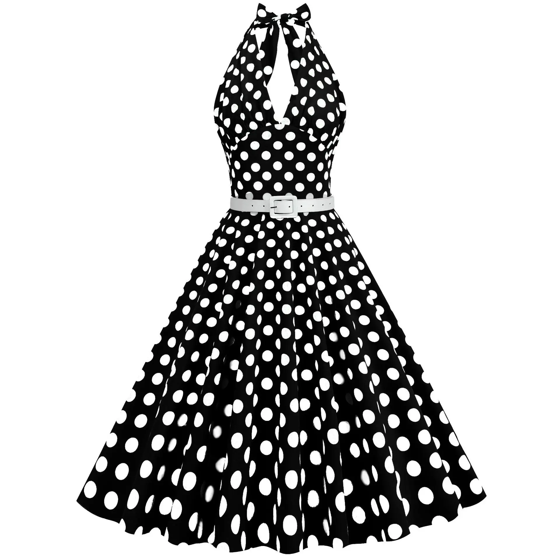 2025 Summer Women's Dress V-neck Bow Hanging Neck A-line Dress For Women Polka Dot Small-waisted Big Swing Dress Women Clothing