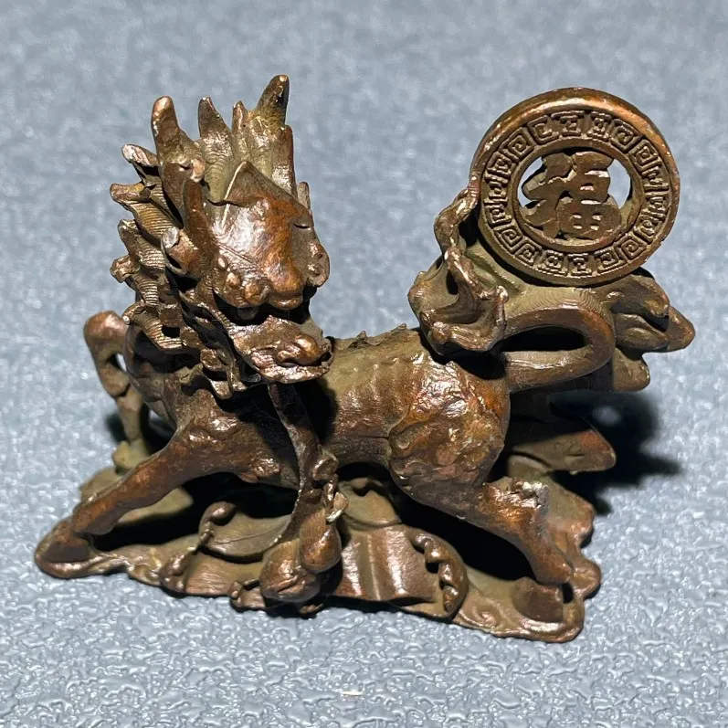 Antique Gilt Copper Kylin Statue Pair Solid Brass Feng Shui Lucky Animal Figurine Home Decor