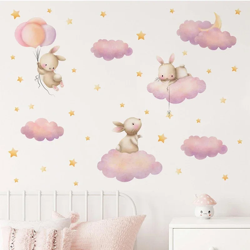 Kawaii Cartoon Bunny Pink Clouds Stars Watercolor Children Stickers Vinyl Nursery Wall Decals Kids Girls Baby Room Home Decor