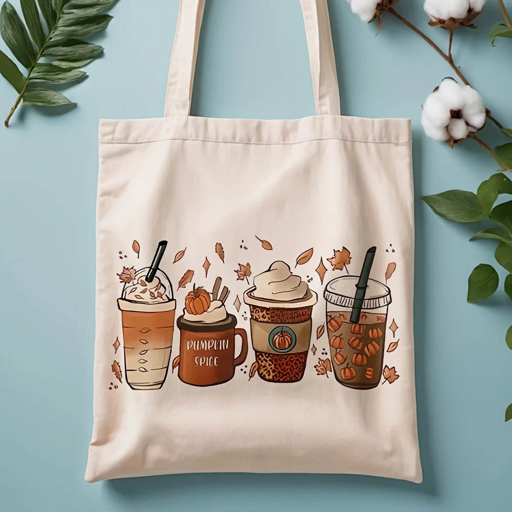 A Autumn-themed Pumpkin And Fall Leaf Design Pattern Print Canvas Tote Bag, Suitable For Daily Use, Shopping, School, And Travel