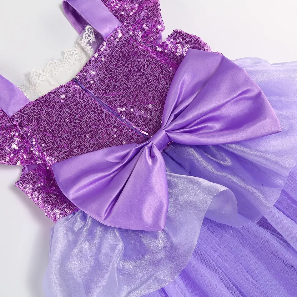Rapunzel Purple Short Sleeves Tutu Skirt Lace Color Led  Dress Cartoon Role Play Costume Kids Halloween Party Ball Gown
