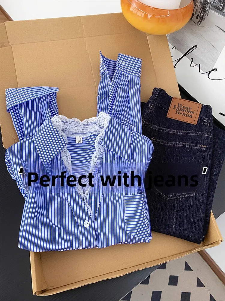 

Женская блузка с V-образным вырезом и синими полосками, с кружевными вставками, в корейском стиле, для ранней осени и весны, качественная базовая рубашка для ношения под одеждой