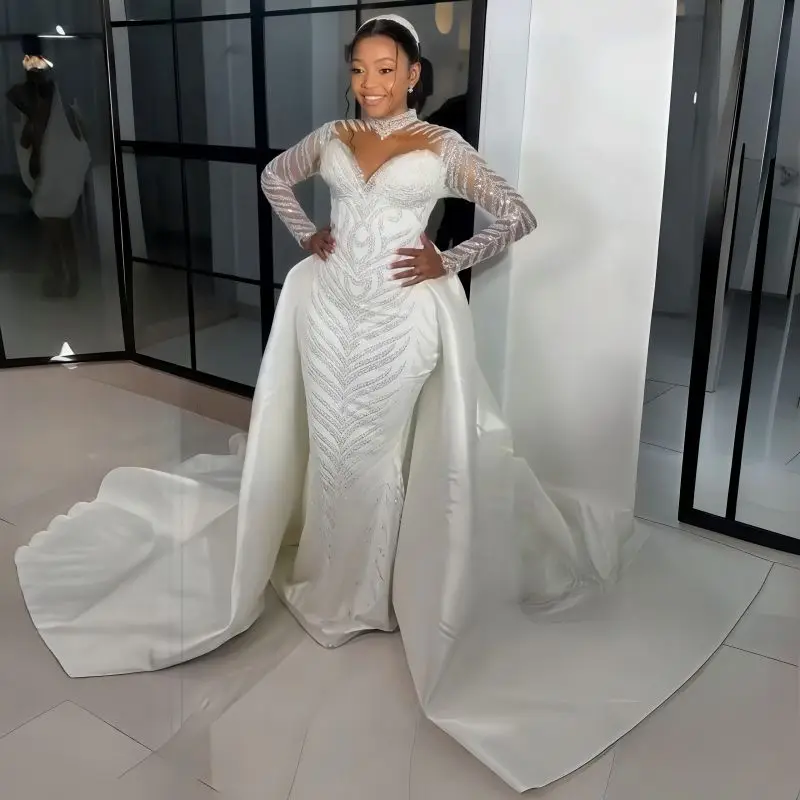 

Customized High Collar Sparkly Beads Sequins Mermaid Wedding Dress Plus Size Vestido De Novia Detachable Train Bridal Gown