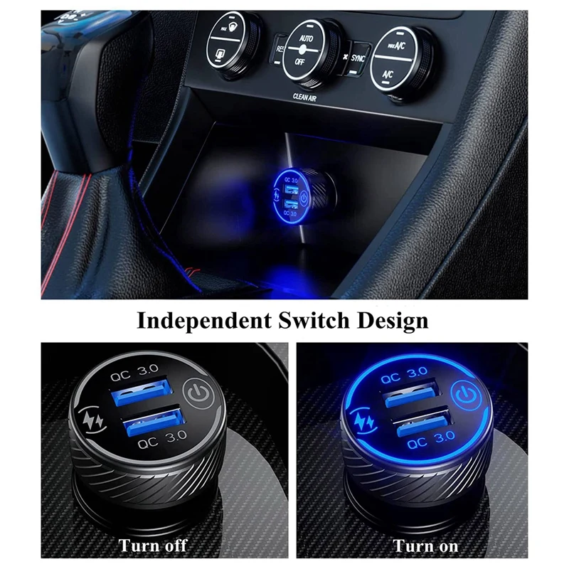 Car Charger, Fast Charge Car Charger Adapter, Dual QC3.0 Ports USB Car Phone Charger With Touch Switch And Blue LED