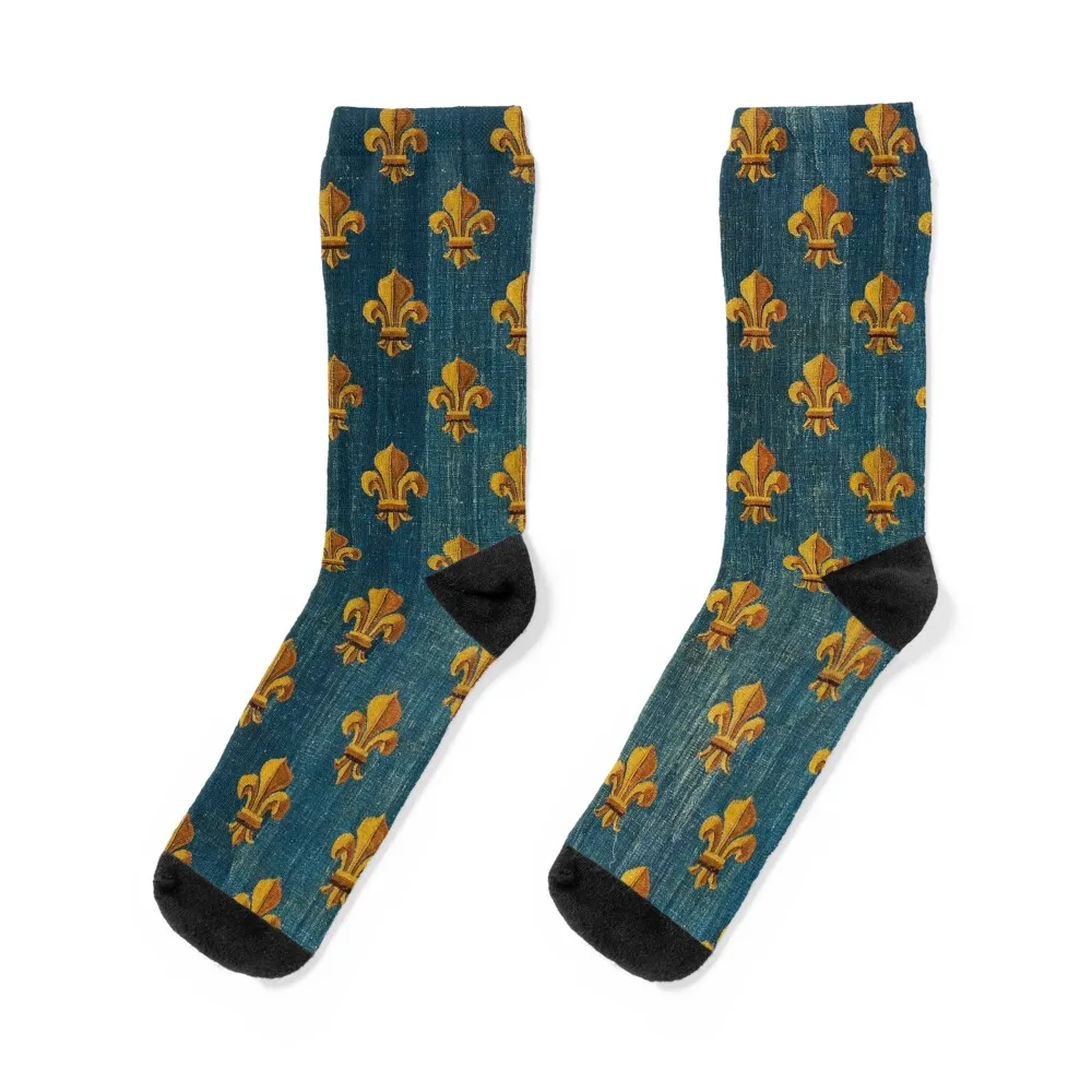 GOLD FLEURS DE LYS IN BLUE Antique French Tapestry Socks gifts christmass gift Luxury Woman Socks Men's