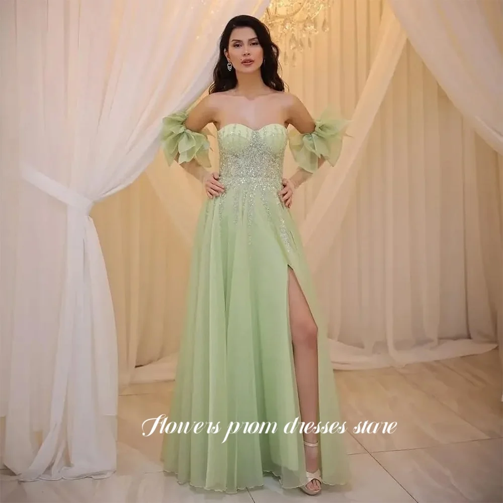 

Flowers A Line Party Dress Off Shoulder Prom Gowns Sequins High Slit Formal Evening Princess Gown Vestido De Novia Customized