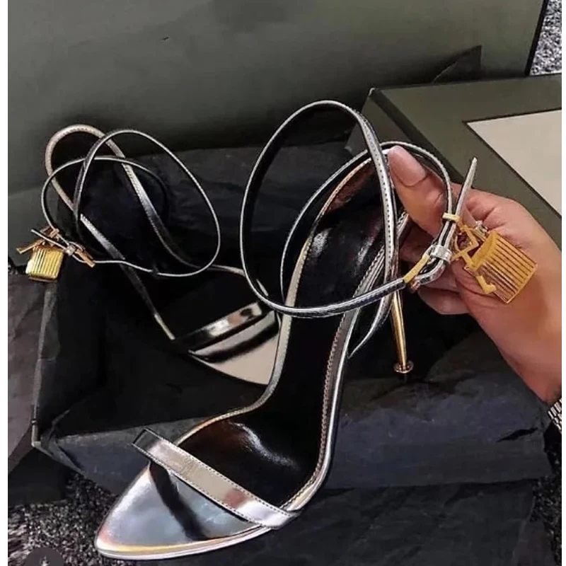 

Mirror Padlock Key Sexy Slingback Stiletto Sandals Woman Summer 2025 Open Toe Hollow Thin High Heel Women's Shoes Gift for Girl