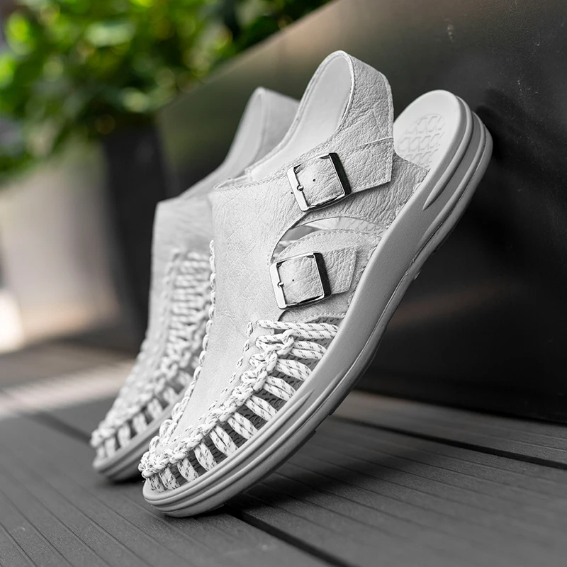 Men New Handmade Woven Fluorescent Sandals Paired with European American Style Anti Slip Casual Beach Shoes